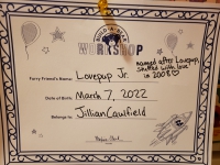 Build-a-Bear Workshop 'birth certificate.' Furry Friend's Name: Lovepup Jr., named after Lovepup, stuffed with love in 2008. Date of birth: March 7, 2022