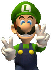 Luigi putting up two peace signs and smiling
