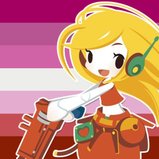 Curly Brace superimposed over the old lesbian flag