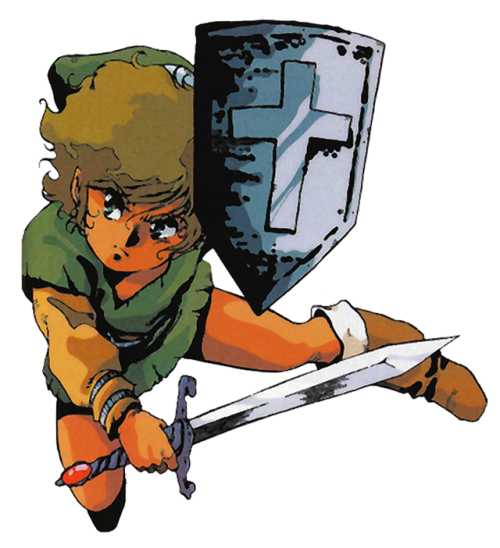 anime-styled illustration of classic Link with a sword and cross shield