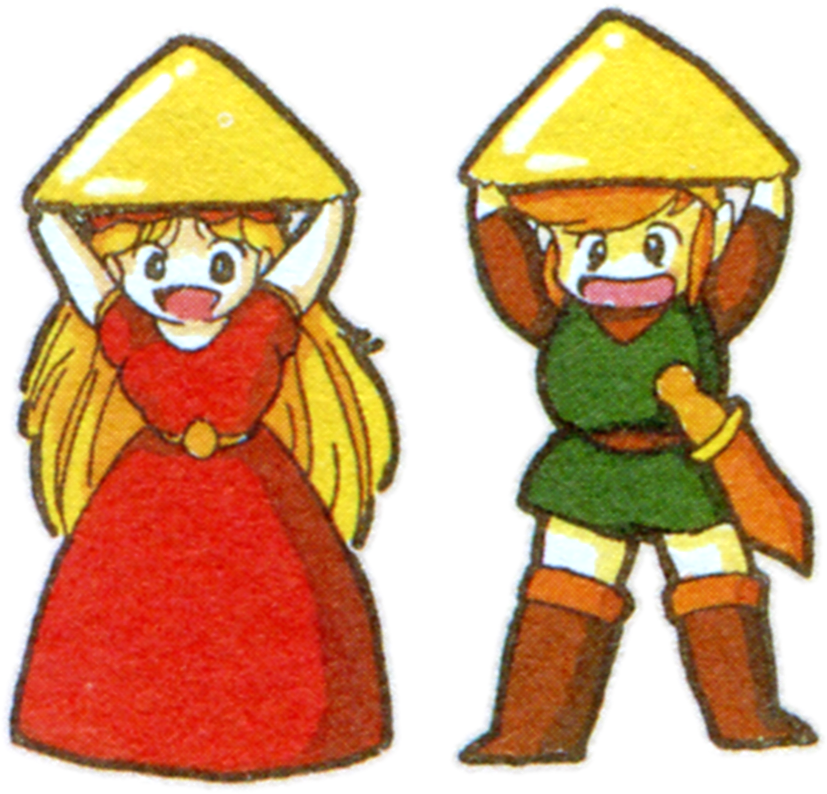 Classic Link and Zelda in chibi style holding pieces of the Triforce