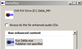 screenshot of autoplay suggesting I run zelda.exe