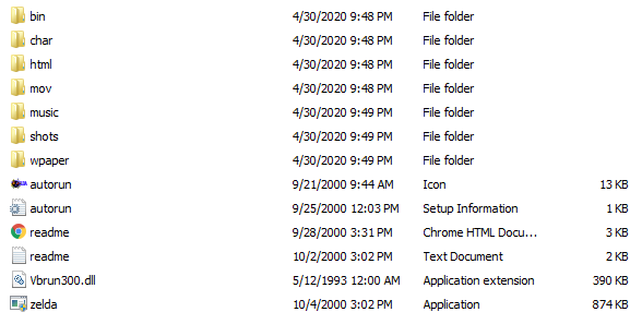Screenshot of file system, with folders that say 'bin,' 'char,' 'html,' 'mov,' 'music,' 'shots' and 'wpaper,' and files that say 'autorun,' 'read-me,' and 'zelda'