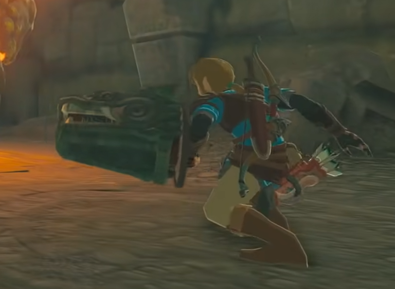 Link wielding Zonai dragon head weapon
