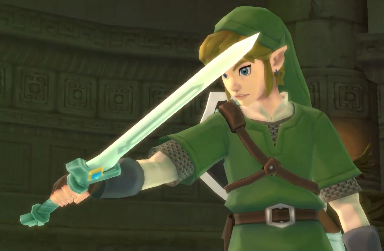 Link holding the Goddess Sword, ready to temper it