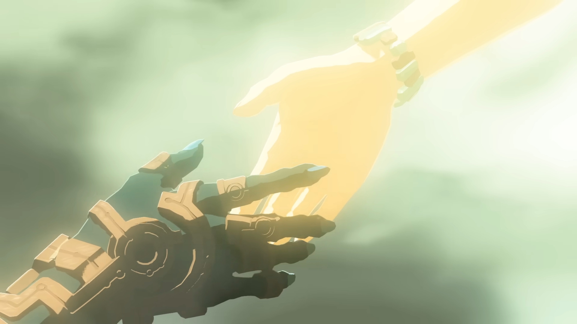 Link's hand reaching to meet the feminine figure's hand