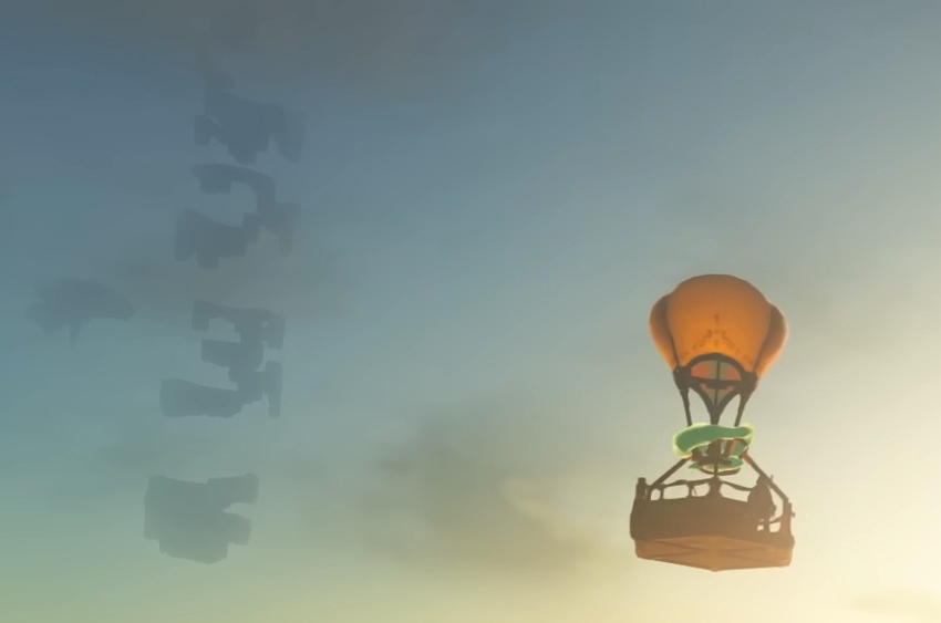 Link flying a makeshift hot air balloon. To his left, there's a column of disconnected floating rectangular structures extended straight into the sky