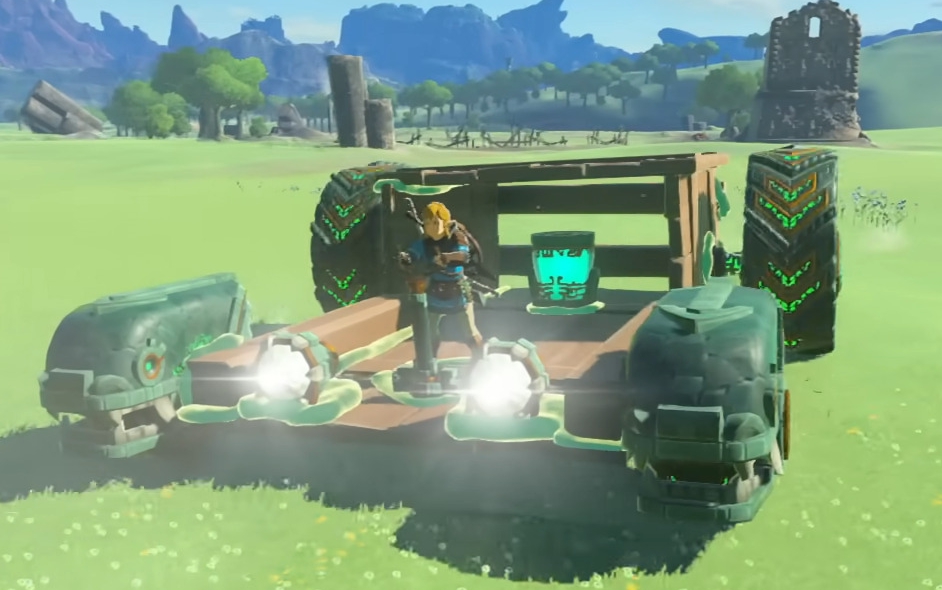 Link riding on some kind of magical, janky car