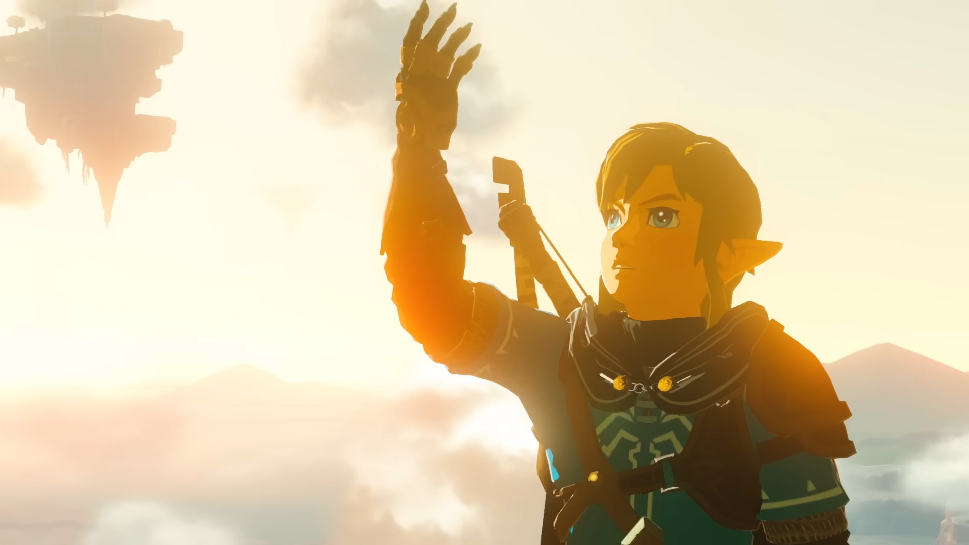 Link looking in awe at his new arm at sunset in the February 2023 trailer for TOTK
