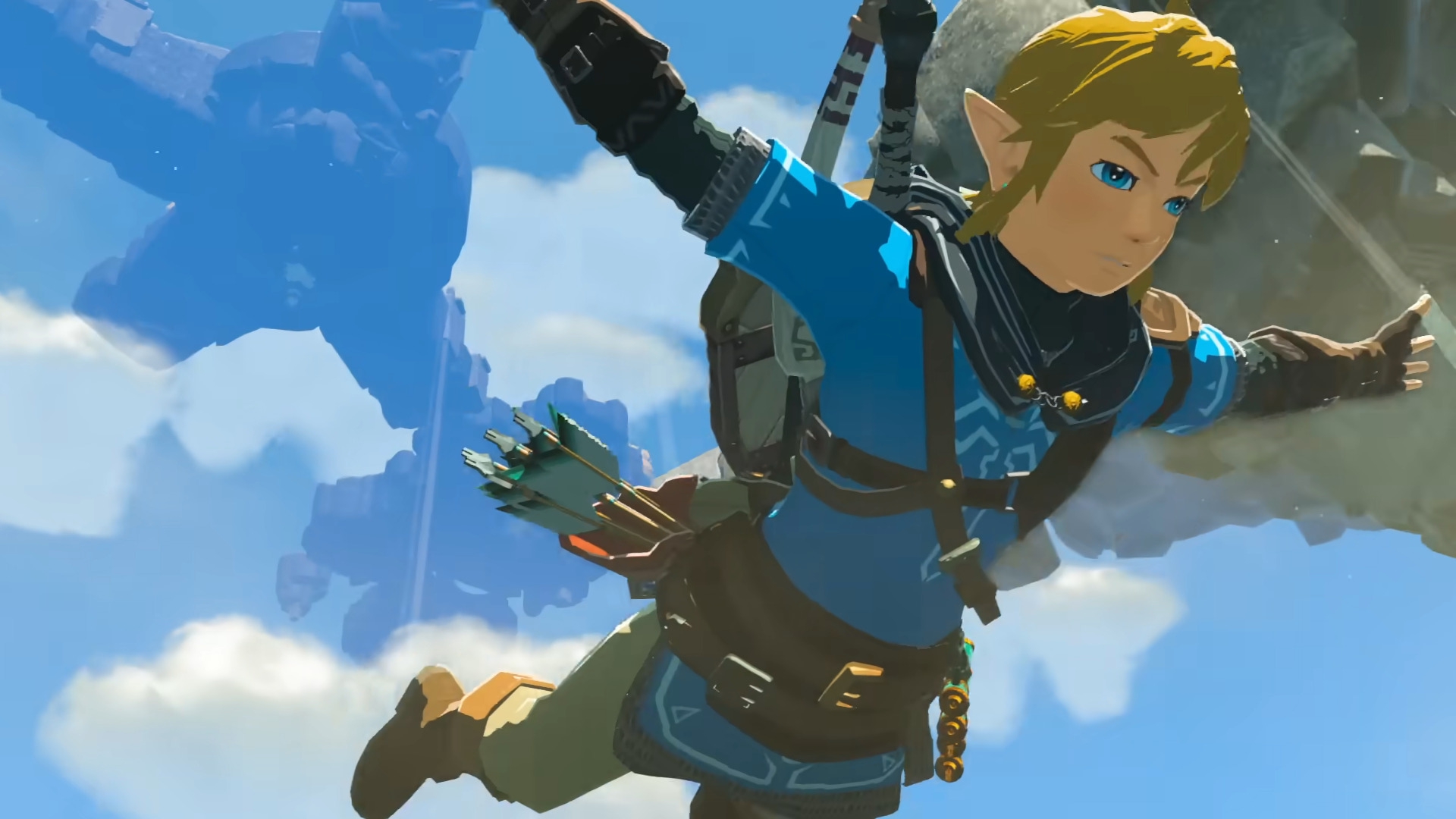 Link skydiving. A structure in the clouds above him appears to have bridges between buildings