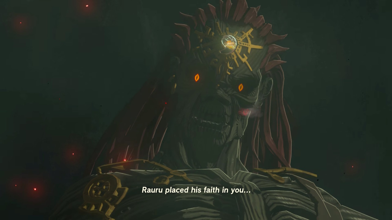 Ganondorf looking at Link with scorn. He says, 'Rauru placed his faith in you...'