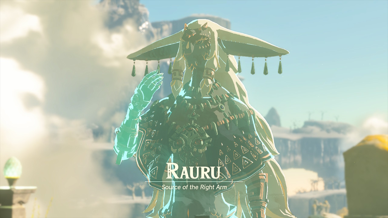 Zonai creature, goatlike with long ears and a ghostly arm. A title floats above him: 'Rauru / Source of the Right Arm'