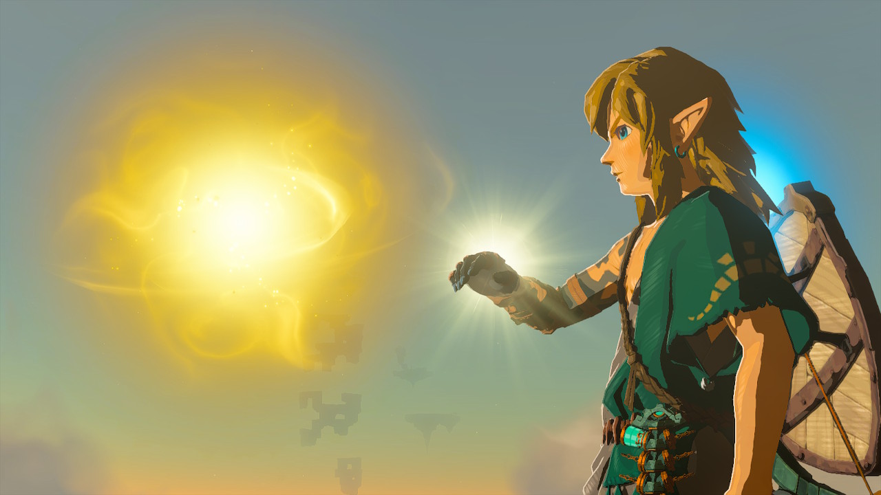 Link standing in front of a gold orb of light, the same color as the Recall magic, while the Master Sword glows on his back