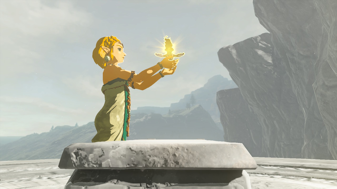 Zelda holding the Master Sword, illuminated with the Recall magic gold outline, in a grayscale world