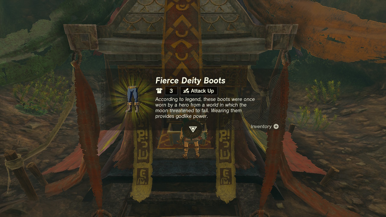 Screenshot taken while collecting Fierce Deity boots from cave shrine. The text says, 'According to legend, these boots were once worn by a hero from a world in which the moon threatened to fall. Wearing them provides godlike power.'