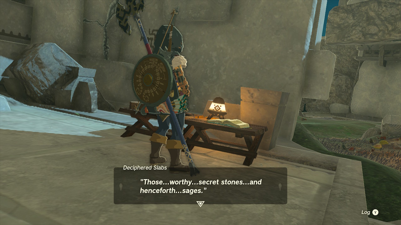 Link reads a journal in one Ring Ruin titled 'Deciphered Slabs.' The text is broken up by ellipses. It says, 'Those ... worthy ... secret stones ... and henceforth ... sages'