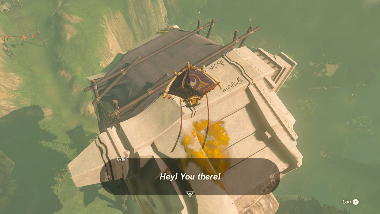 Link gliding over the floating ruin. A text box with large text says 'Hey! You there!'