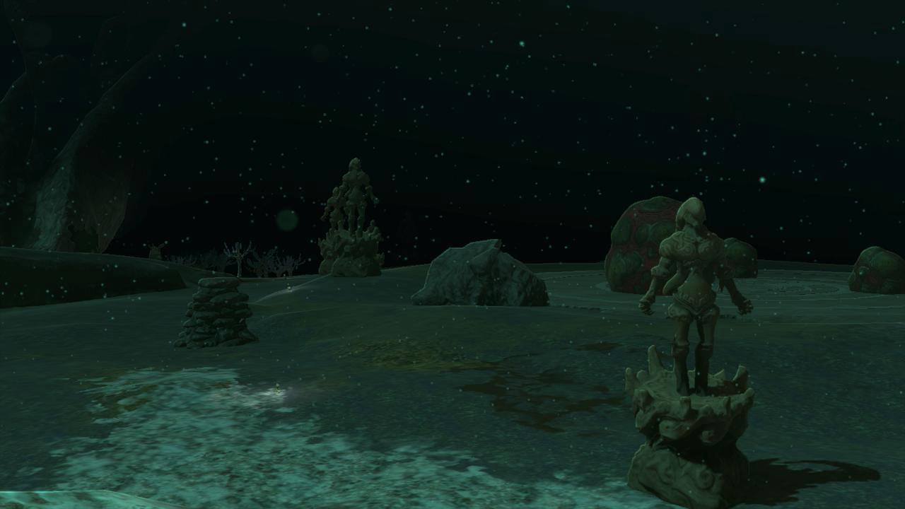 A line of Zora statues in the darkness
