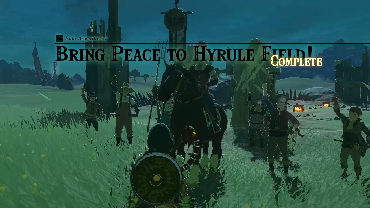 Farmers cheering. The text says: Side Adventure, Bring Peace to Hyrule Field! Complete