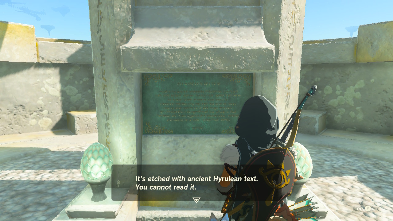 Link reading a Zonai tablet. The text box says, 'It's etched with ancient Hyrulean text. You cannot read it.'
