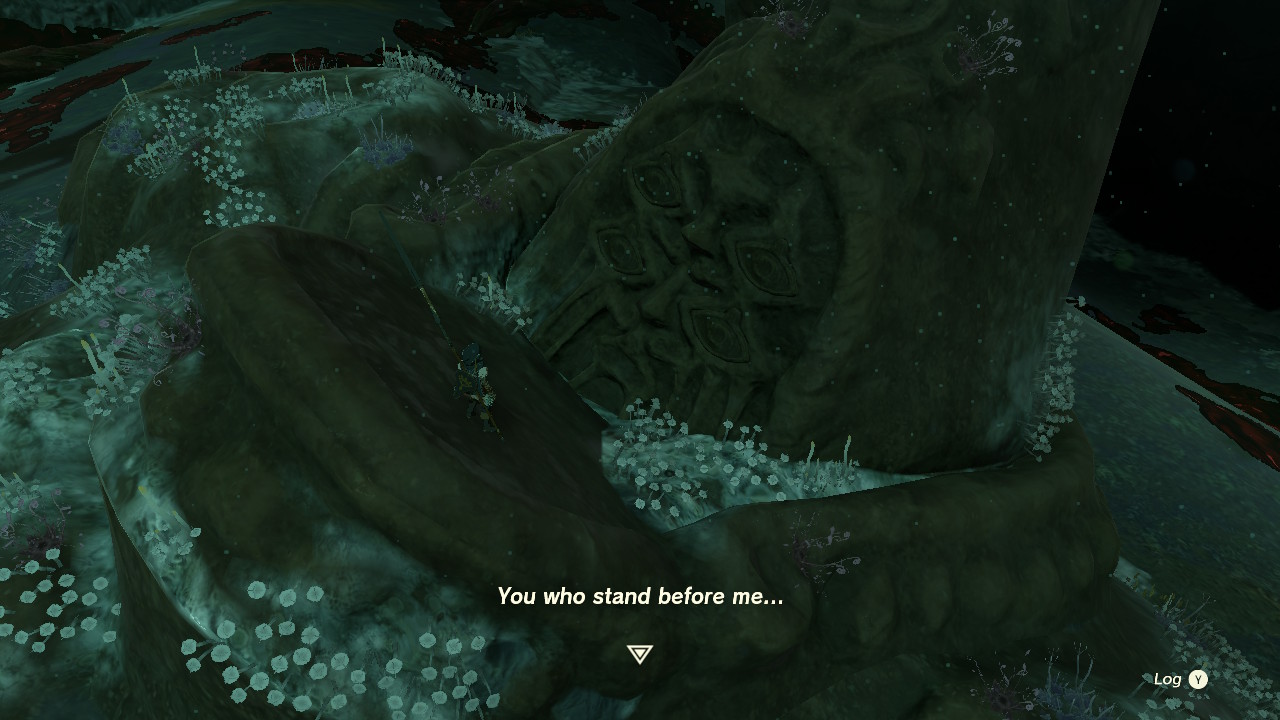 Link standing on the huge Bargainer Statue's plate. It says, 'You who stand before me...'