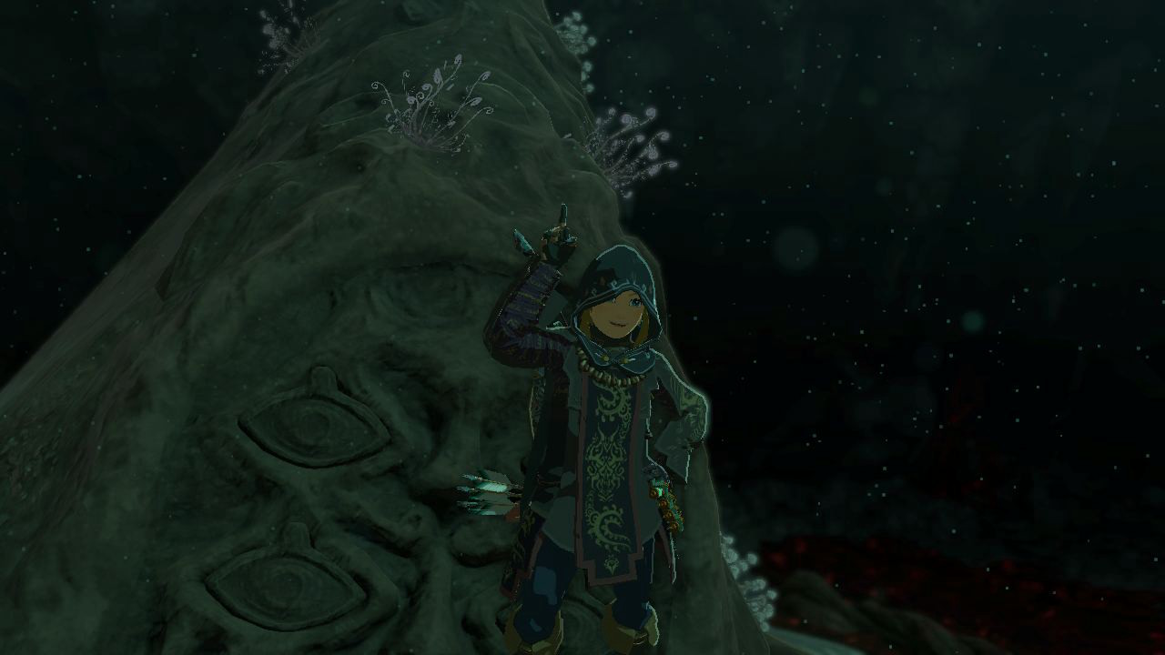 Link posing cutely in the dark, elegant Tunic of the Depths