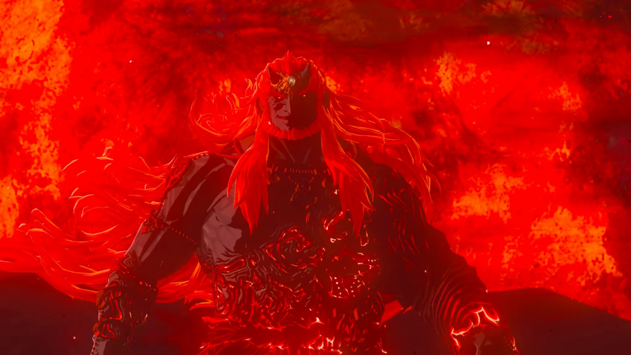 Ganondorf after transforming. He looks Demise-like, with black scaly flesh and long flame-red hair. He also has horns and swirls of malice or gloom on his body, and he stands before a blood moon