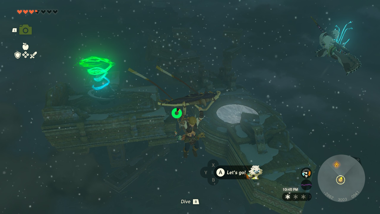 Link and Tulin gliding over some ruins with a frozen pond and a shrine