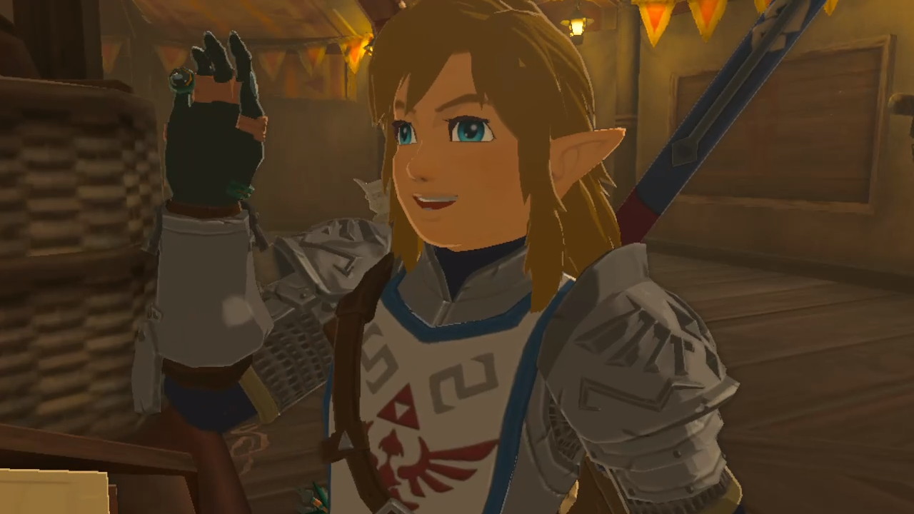 Link smiling in his armor at a stable.