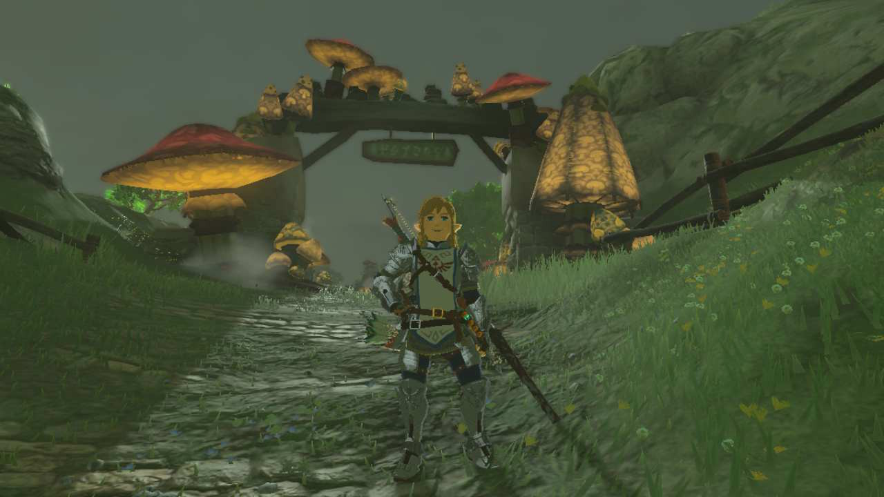 Link posing in a silly way in front of Hateno