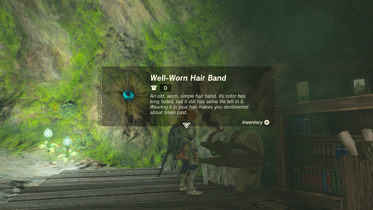 Screenshot taken in Zelda's Well while collecting 'Well-Worn Hair Band.' The popup text reads, 'An old, worn, simple hair band. Its color has long faded, but it still has some life left in it. Wearing it in your hair makes you sentimental about times past.'
