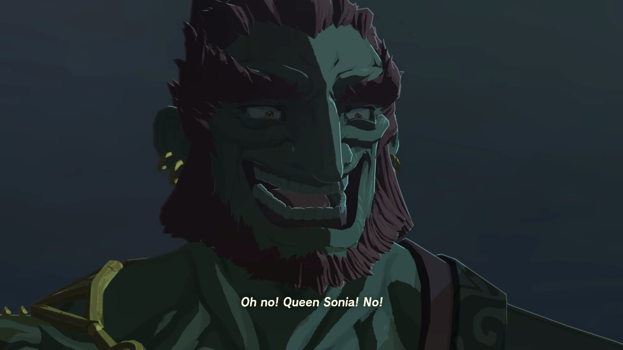 Ganondorf smiles evilly as Zelda cries out for Sonia