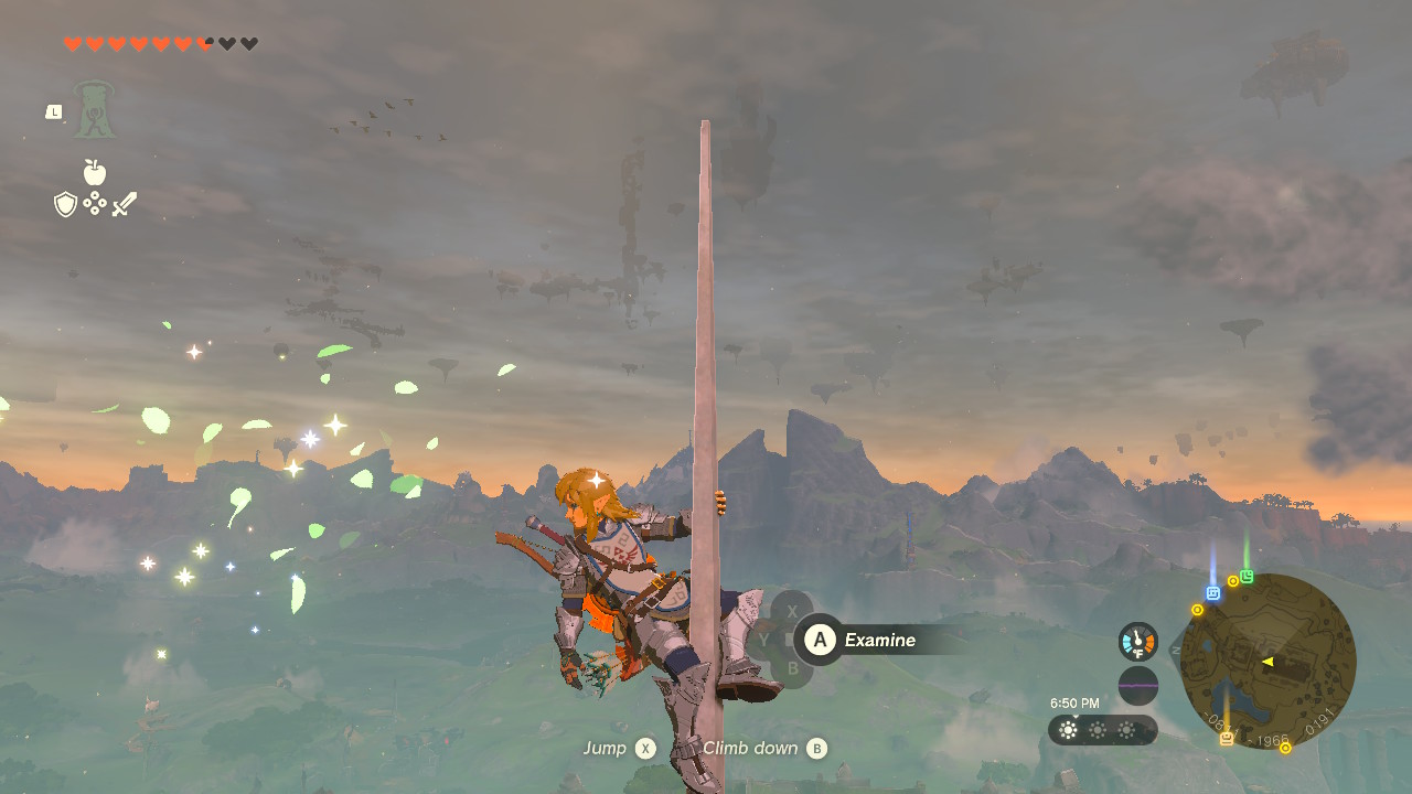 Link hangs off the temple's point, looking at some Korok pixie dust there beside him