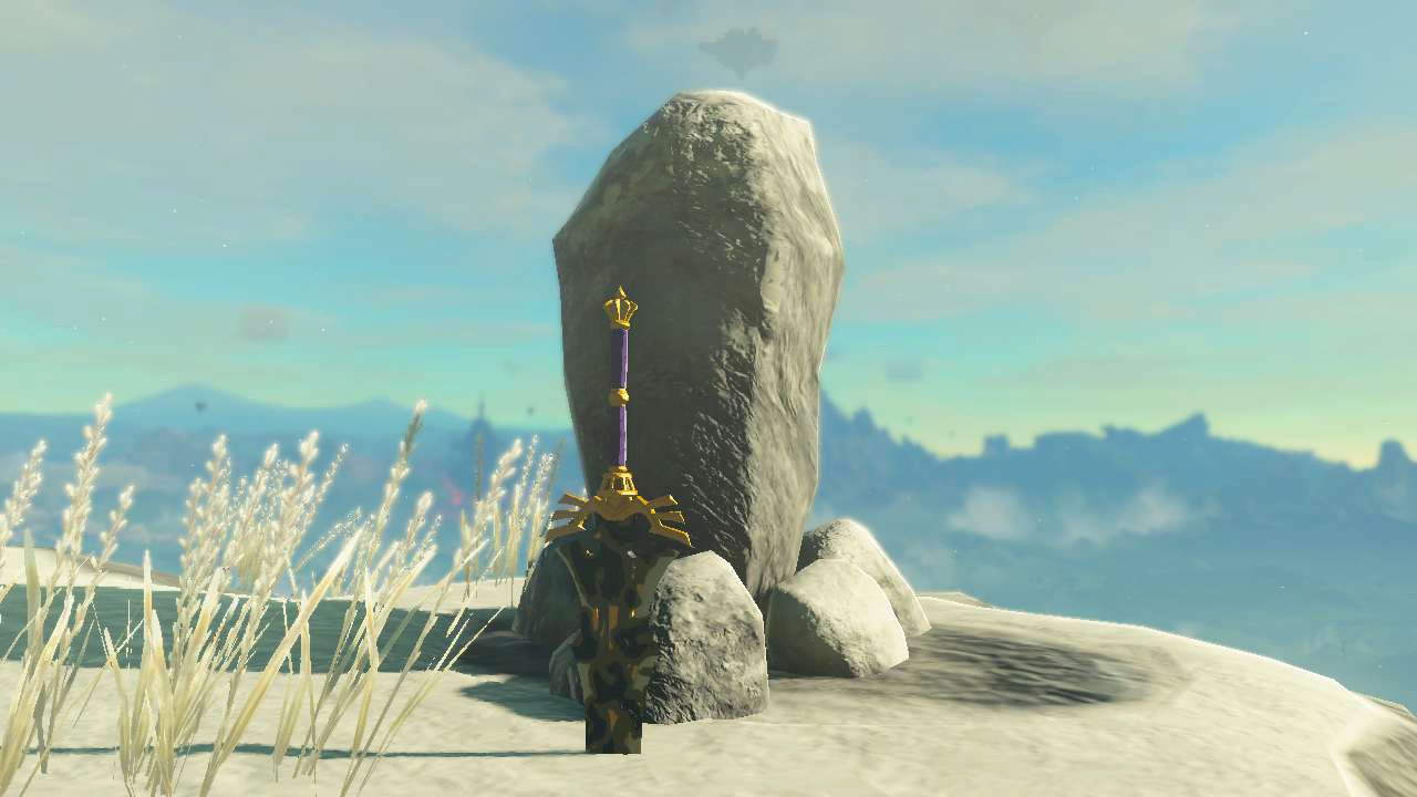 Royal claymore standing in the snow before a rock monument