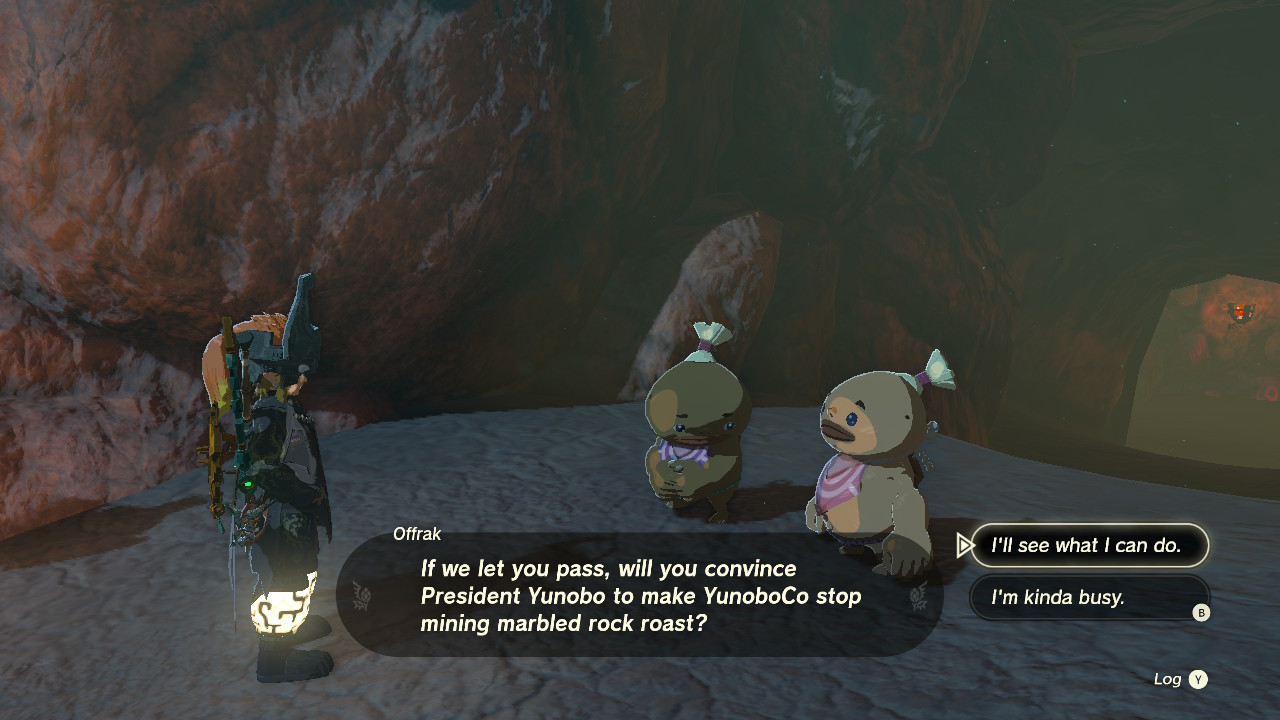 Child Goron Slergo and Offrak looking sad as they block the mouth of a cave. Offrak says, 'If we let you pass, will you convince President Yunobo to make YunoboCo stop mining marbled rock roast?' The option highlighted says, 'I'll see what I can do.'