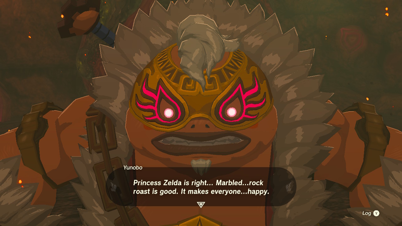 Yunobo glares, eyes now red and mask glowing with a gloom-red accent. He says, 'Princess Zelda is right... Marbled... rock roast is good. It makes everyone... happy.'