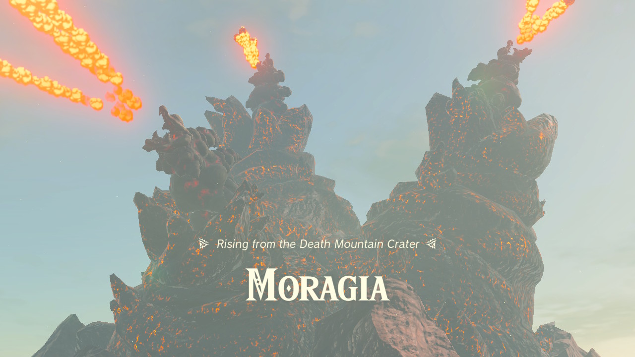 Several huge monster heads shoot fire from their place in Death Mountain Crater. They are massive. Their title is on screen: Rising from the Death Mountain Crater, Moragia