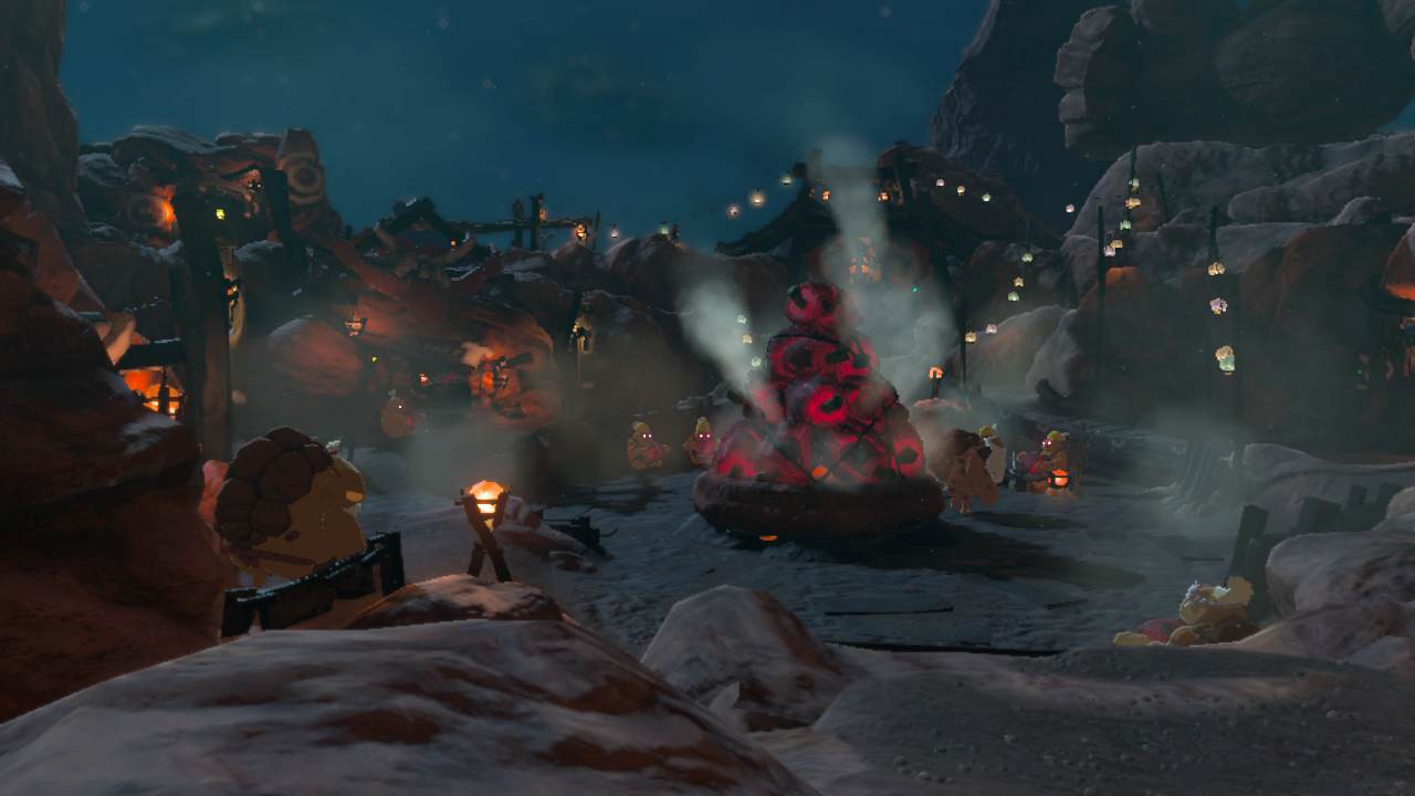 Goron City at night. Gorons with glowing red eyes sit around a hearth where a massive pile of marbled rock roast cooks