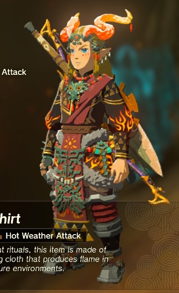 Link wearingly an ancient ritual outfit. The dragon horns on the helm glow orange and red, as do the flame patterns on the sleeves of the tunic