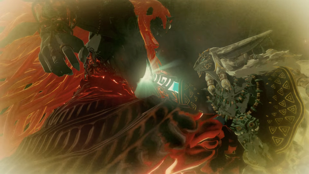 Rauru presses his palm, arm glowing with power, against Ganondorf's chest in a dramatic showdown