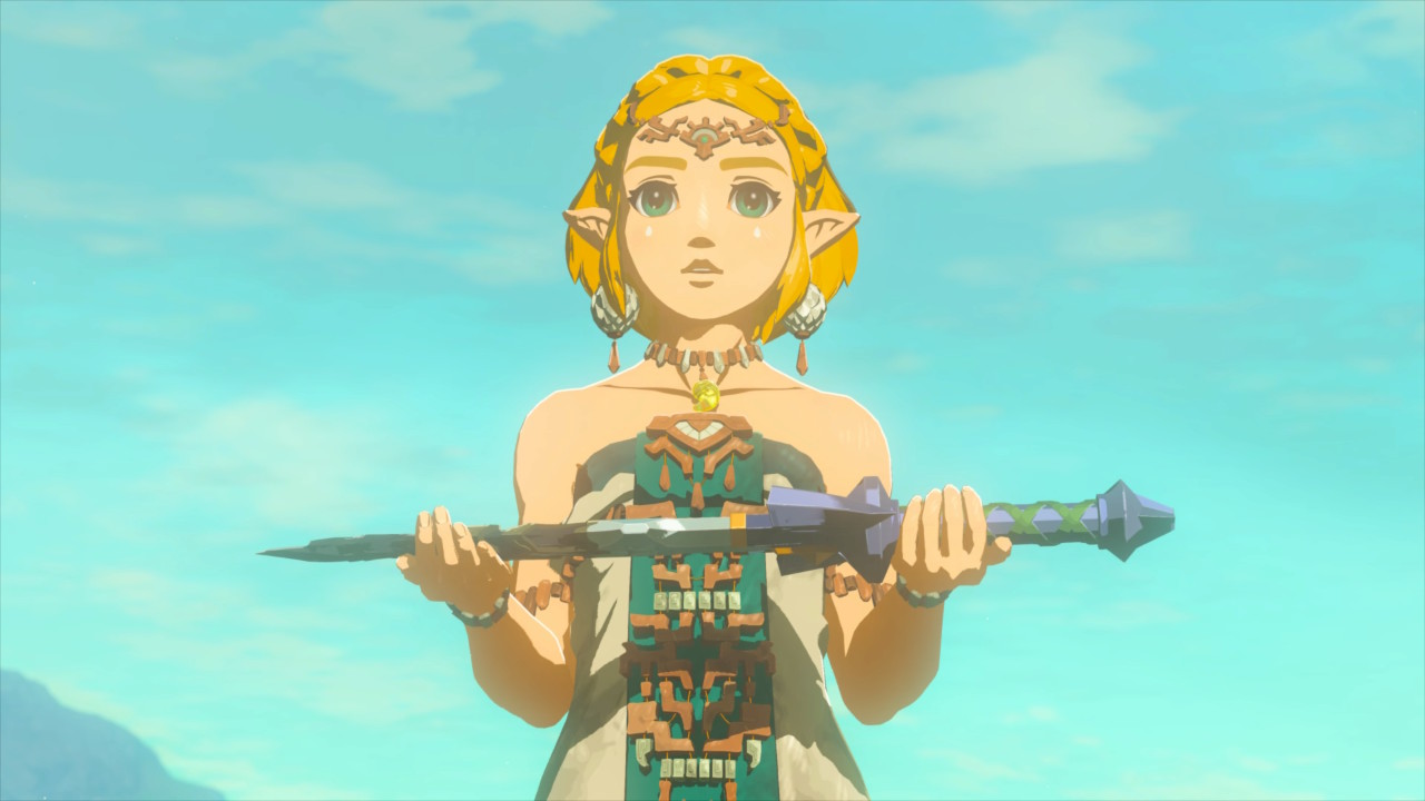 Zelda, holding the Master Sword, looking awed