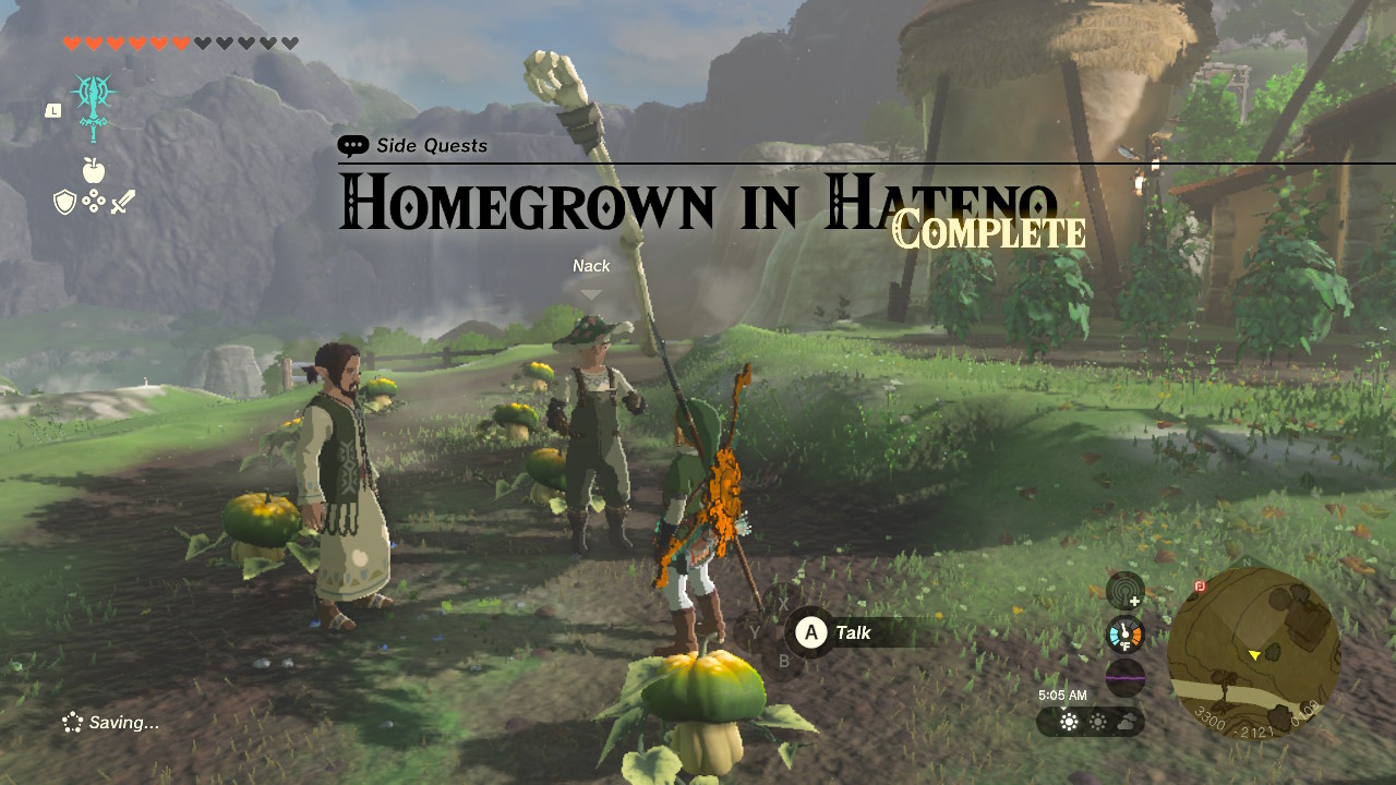 Link stands in a field of green mushroom-shaped pumpkins. The text says, 'Side Quests, Homegrown in Hateno, Complete'
