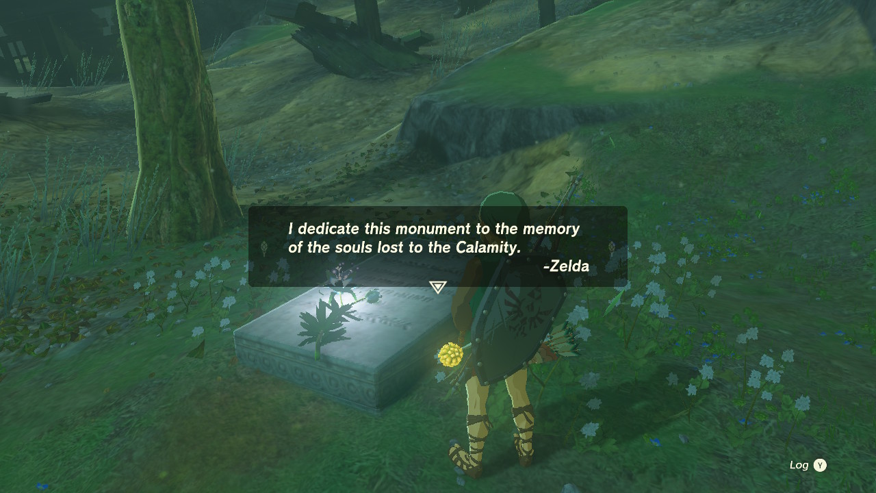 The stone tablet says, 'I dedicate this monument to the memory of the souls lost to the Calamity. -Zelda'