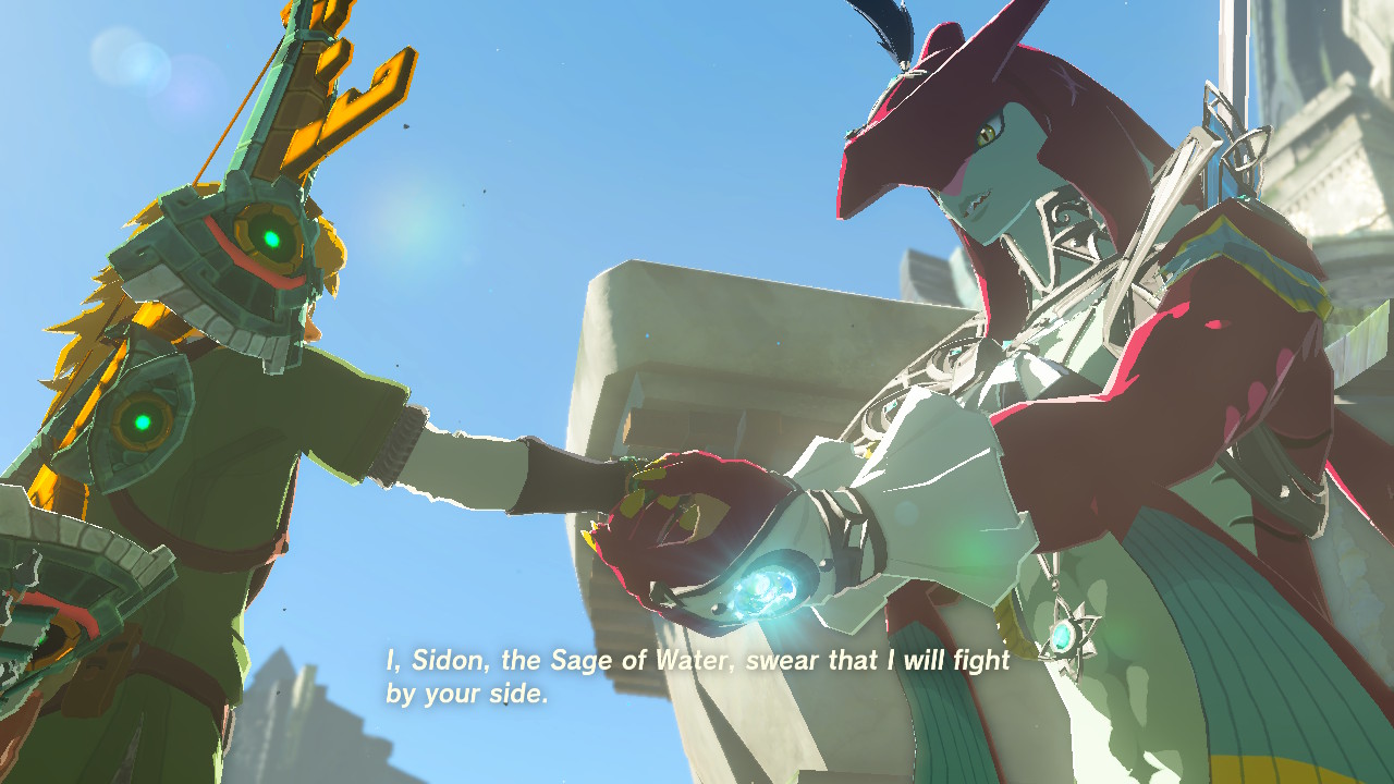 Sidon clasping hands with Link. He says, 'I, Sidon, the Sage of Water, swear that I will fight by your side.'