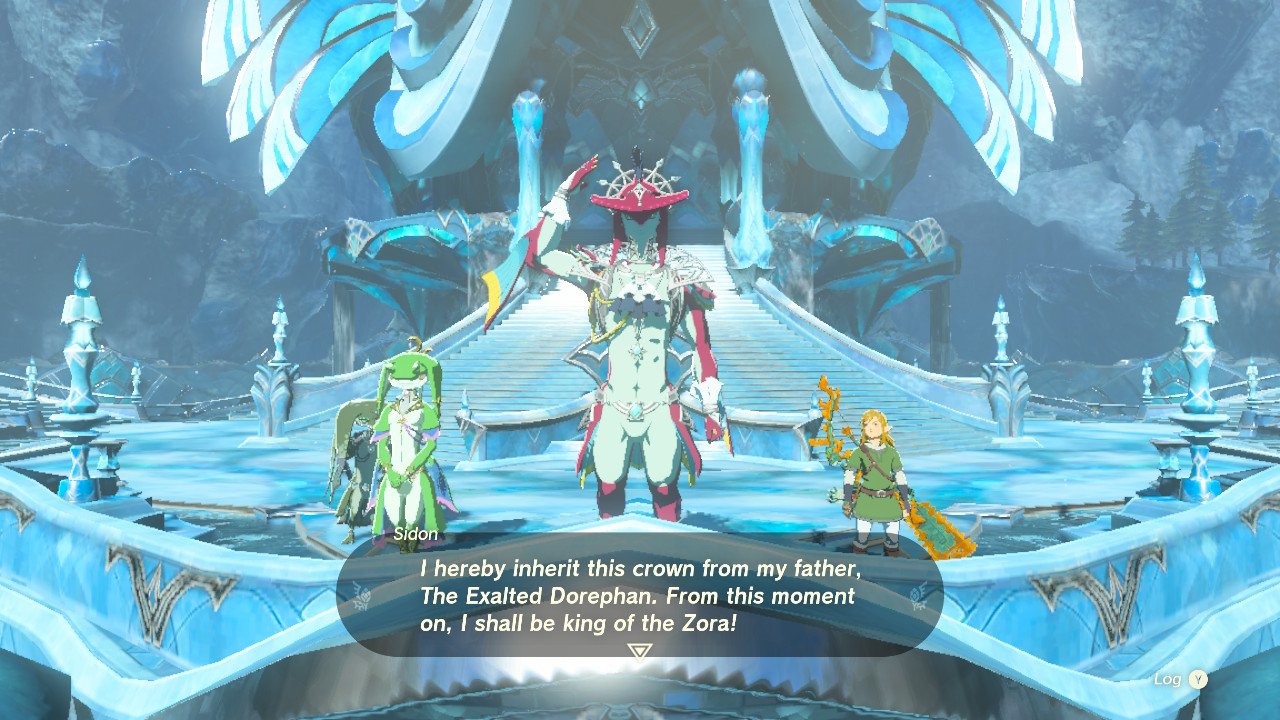 Sidon saluting with the king's crown on his head, addressing Zora's Domain: 'I hereby inherit this crown from my father, The Exalted Dorephan. From this moment on, I shall be king of the Zora!'