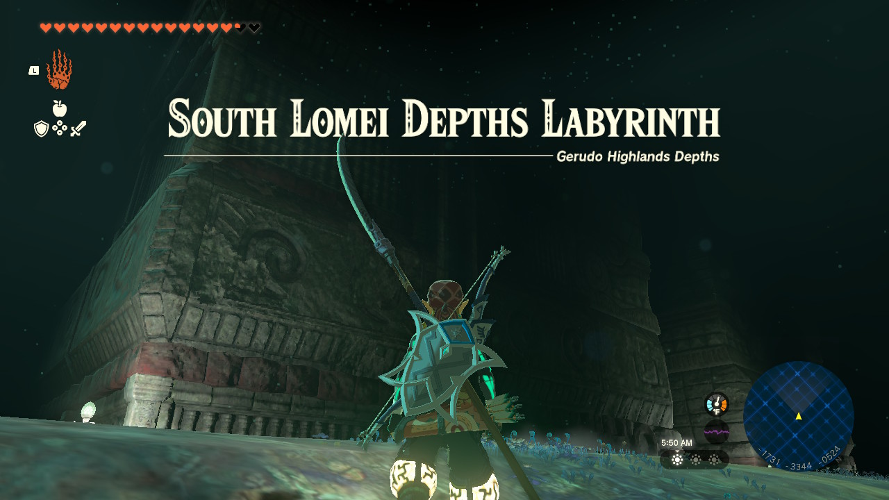 Link stands before a hulking labyrinth in the depths
