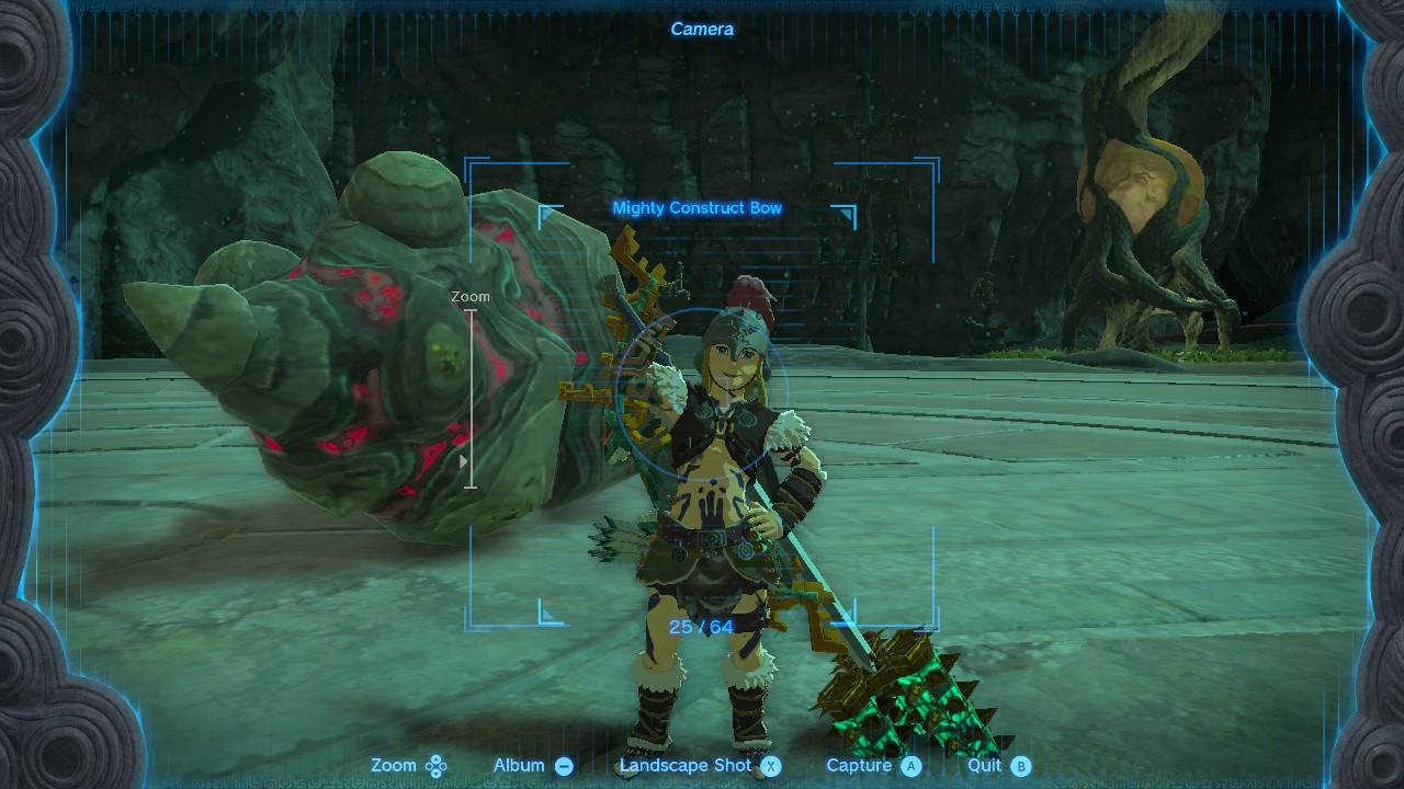 Link poses with the piece of Gohma's claw behind him