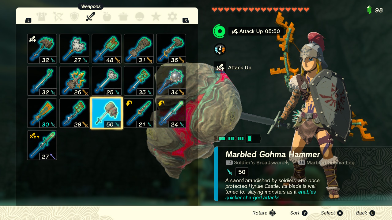 Inventory screen. Link has the claw piece on the tip of a sword