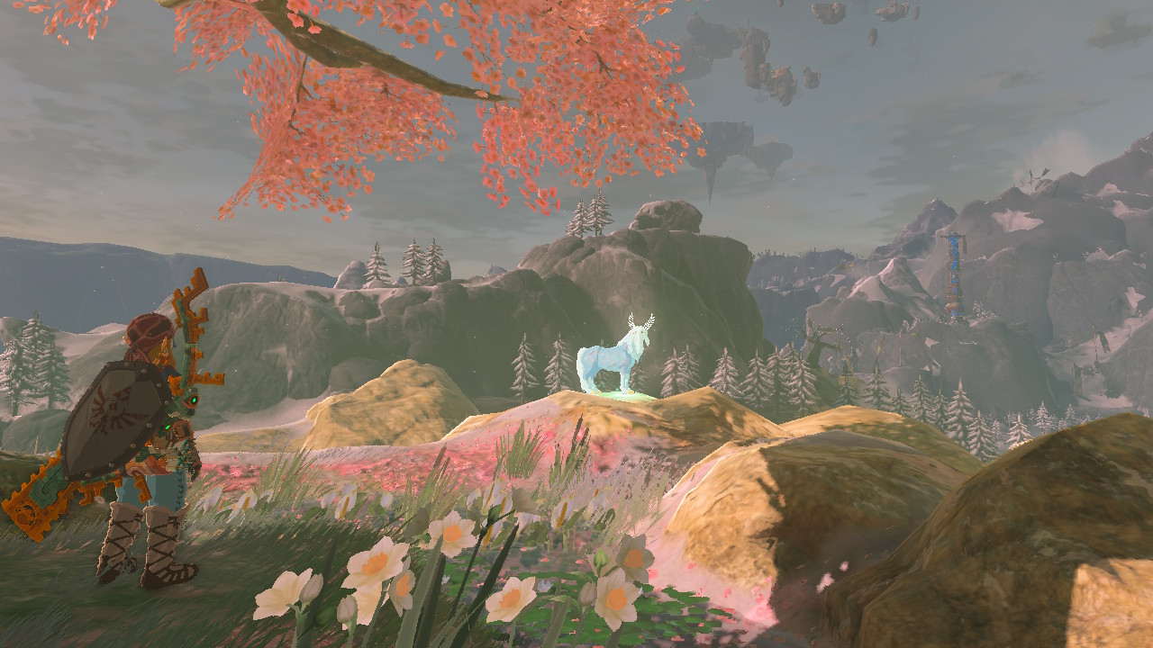 Link gazing at a satori on a snowy cherry blossom mountain
