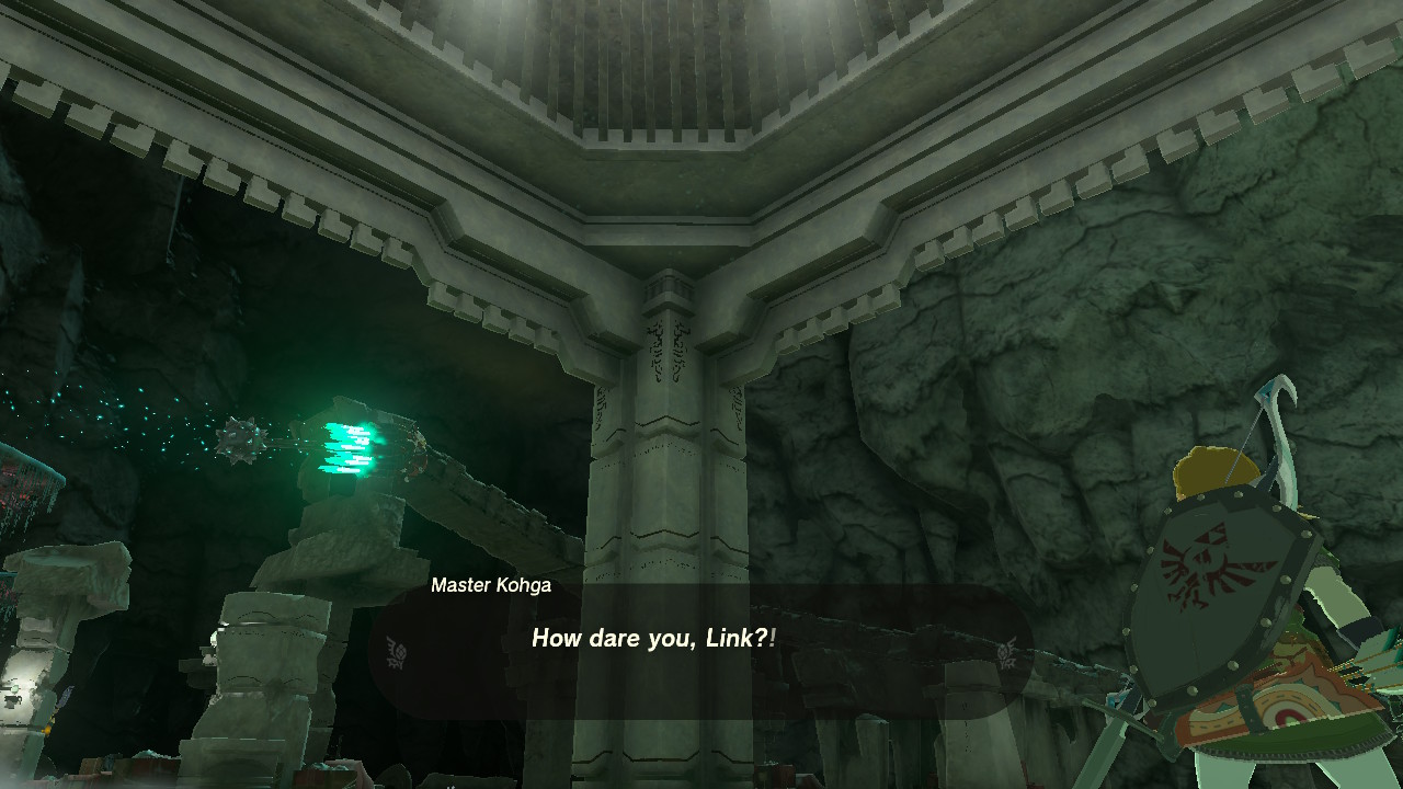 Kohga cartoonishly flying across the underground-sky, saying 'How dare you, Link?!'